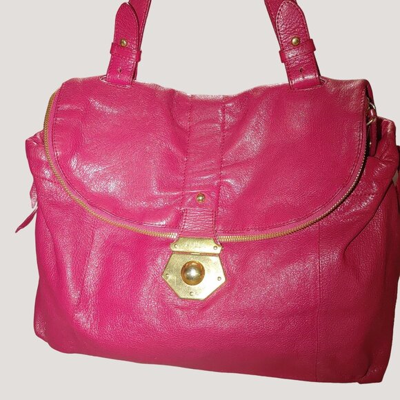 Furla Magenta Leather Hobo Handbag Satchel Gold Accents Lined Interior - Picture 2 of 14